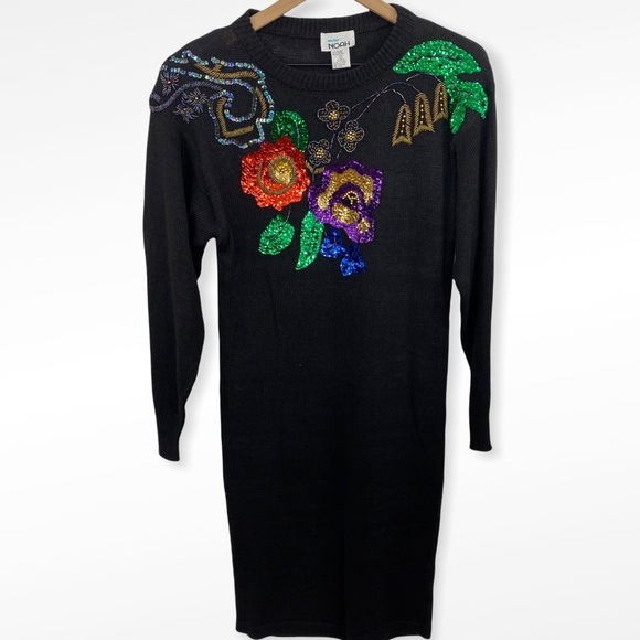 Vintage Dresses & Skirts - Vintage Black Long Sleeve Sweater Dress with Multicolor Floral Sequins Small
